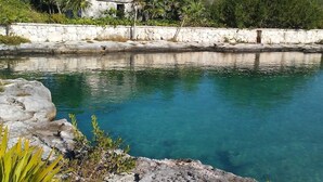 A clear blue pool surrounded by natural rock formations and vegetation. - Beachfront|PrivateHotTube|Grill|Groundfloor (Puerto Aventuras)