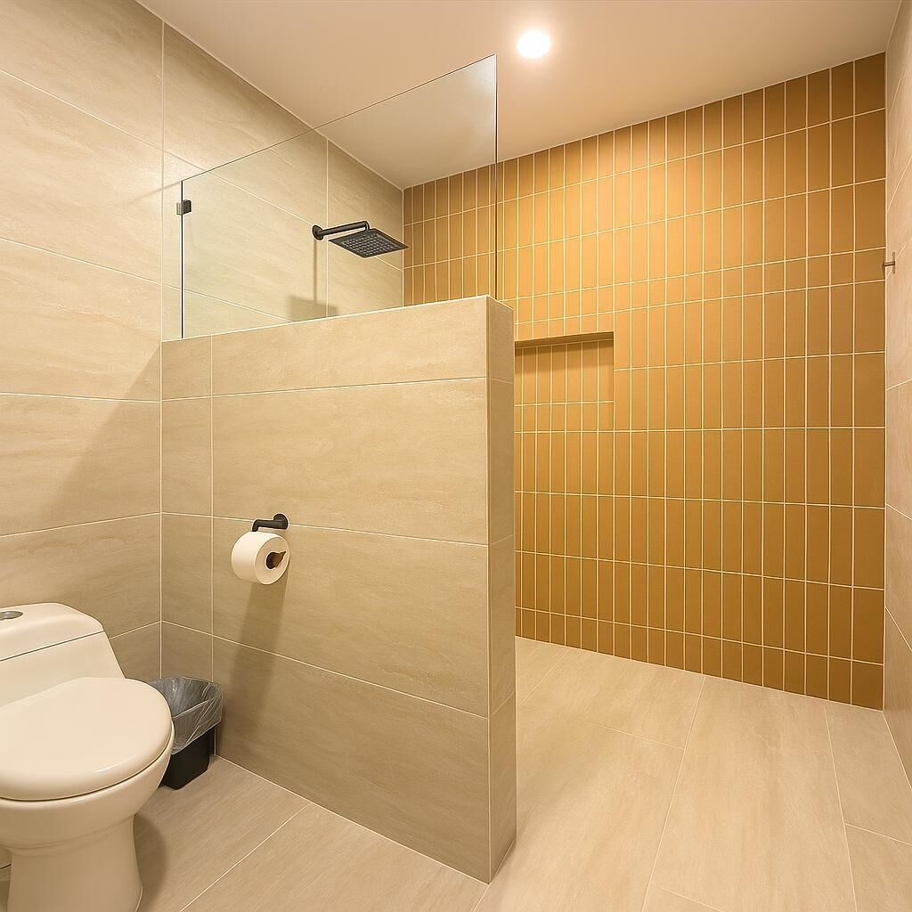 A modern bathroom with a toilet, a glass shower enclosure, and a toilet paper holder.