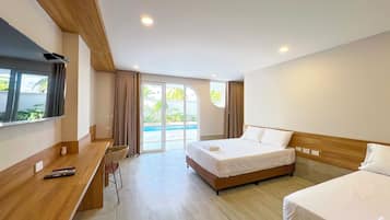 Comfort Quadruple Room, Pool View | Hypo-allergenic bedding, desk, laptop workspace, free WiFi