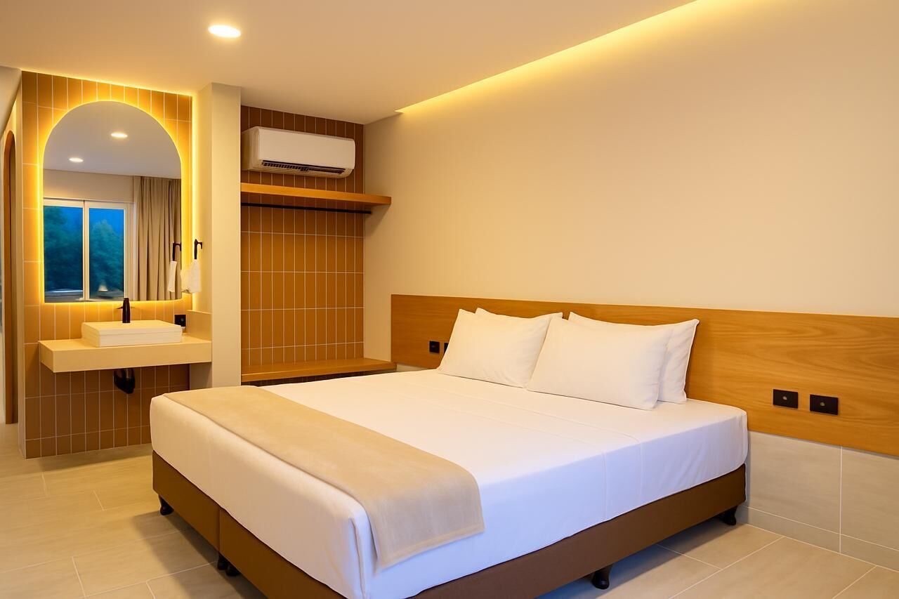 Een moderne hotelkamer met een groot bed, een ingebouwde kaptafel met spiegel, en een airconditioningsysteem boven de kaptafel.