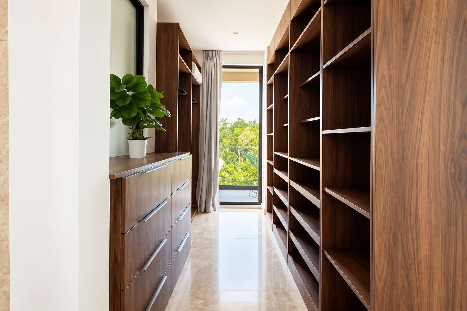 Un couloir avec une armoire en bois, une plante en pot et une vue sur la verdure à l’extérieur.