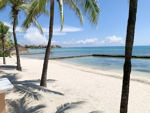 A beach with white sand, palm trees, and a clear blue sea. - Ground Floor Condo with Marina View & Pool Access (Puerto Aventuras)