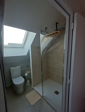 Dusche, Haartrockner, Handtücher, Toilettenpapier