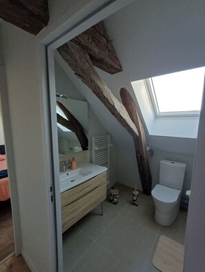 Dusche, Haartrockner, Handtücher, Toilettenpapier
