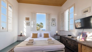 Un dormitorio con cama, televisión, ventana con vista a palmeras y alfombra estampada.