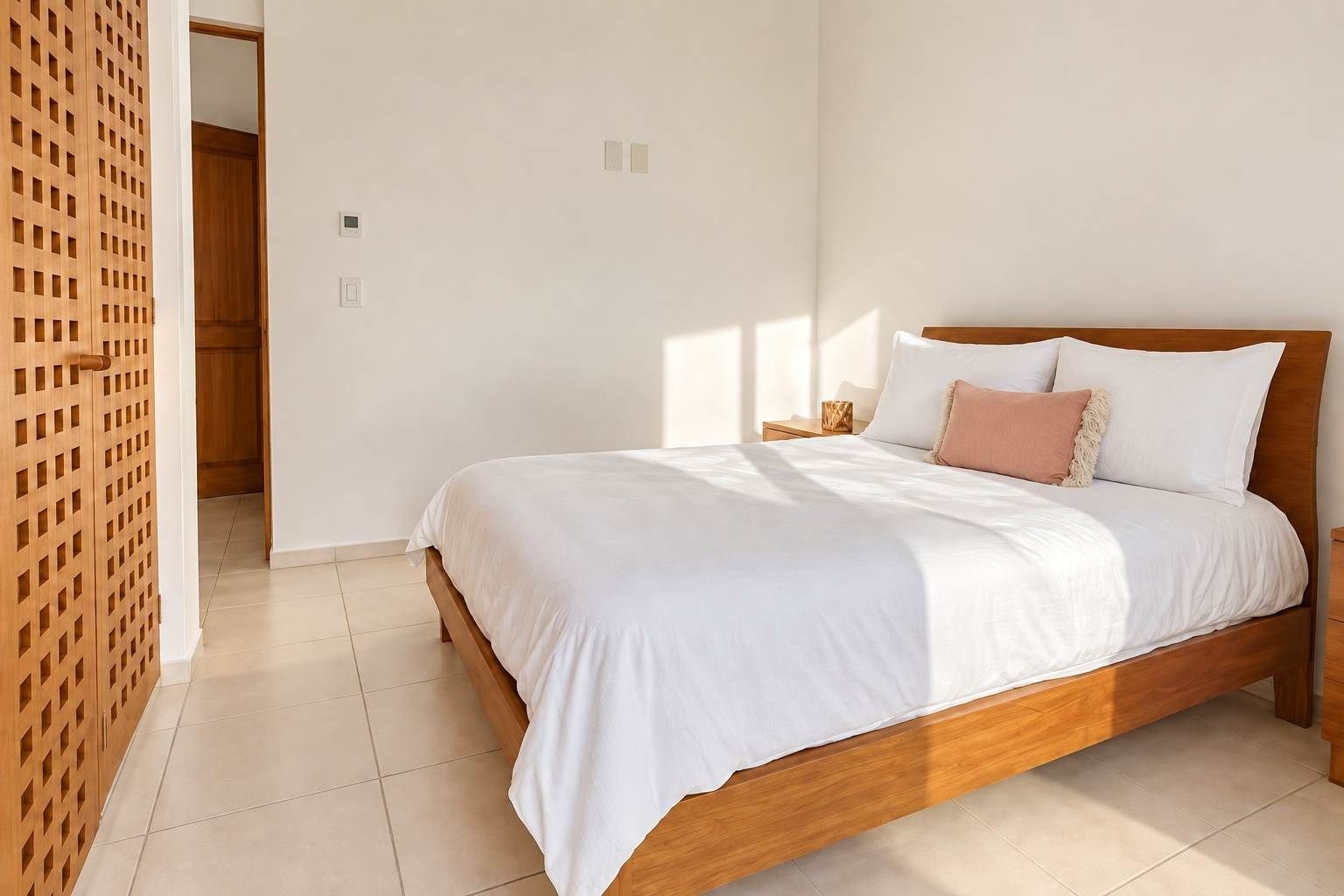 Un dormitorio con cama de madera, ropa de cama blanca y un separador de madera.