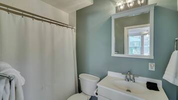 Hair dryer, towels, soap, toilet paper