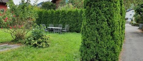 A well-maintained garden with a tall coniferous tree, a wooden house, and a paved path.