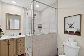 Shower, hair dryer, towels