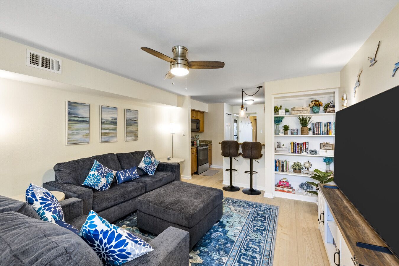 TV, fireplace, books