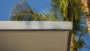 A concrete structure with palm trees in the background.