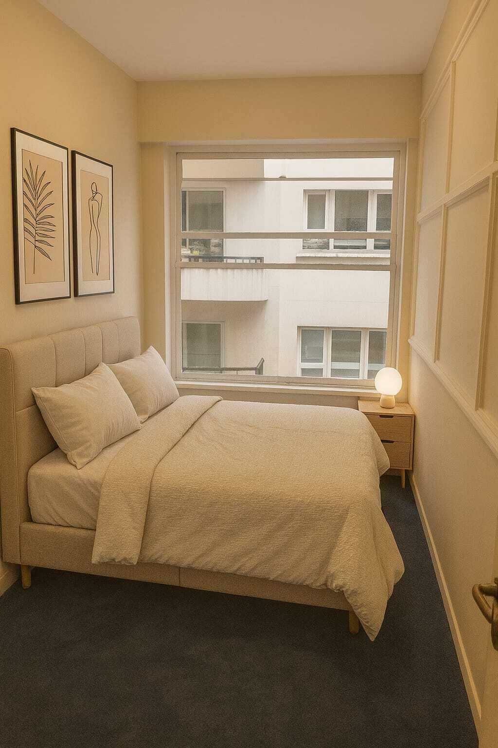 Une chambre à coucher avec un lit, une table de chevet avec une lampe et une fenêtre donnant sur un immeuble.