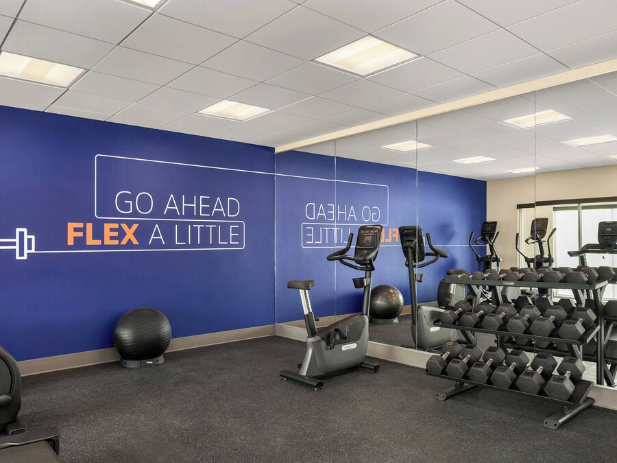 Un gimnasio con equipamiento de ejercicio, una pared con texto motivacional y un estante de mancuernas.