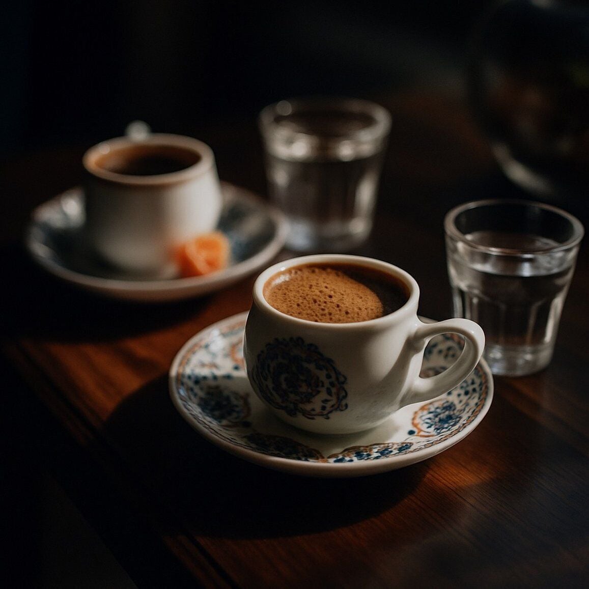 Une tasse de café posée sur une soucoupe ornée d’un motif décoratif, un verre d’eau et une autre tasse de café en arrière-plan.
