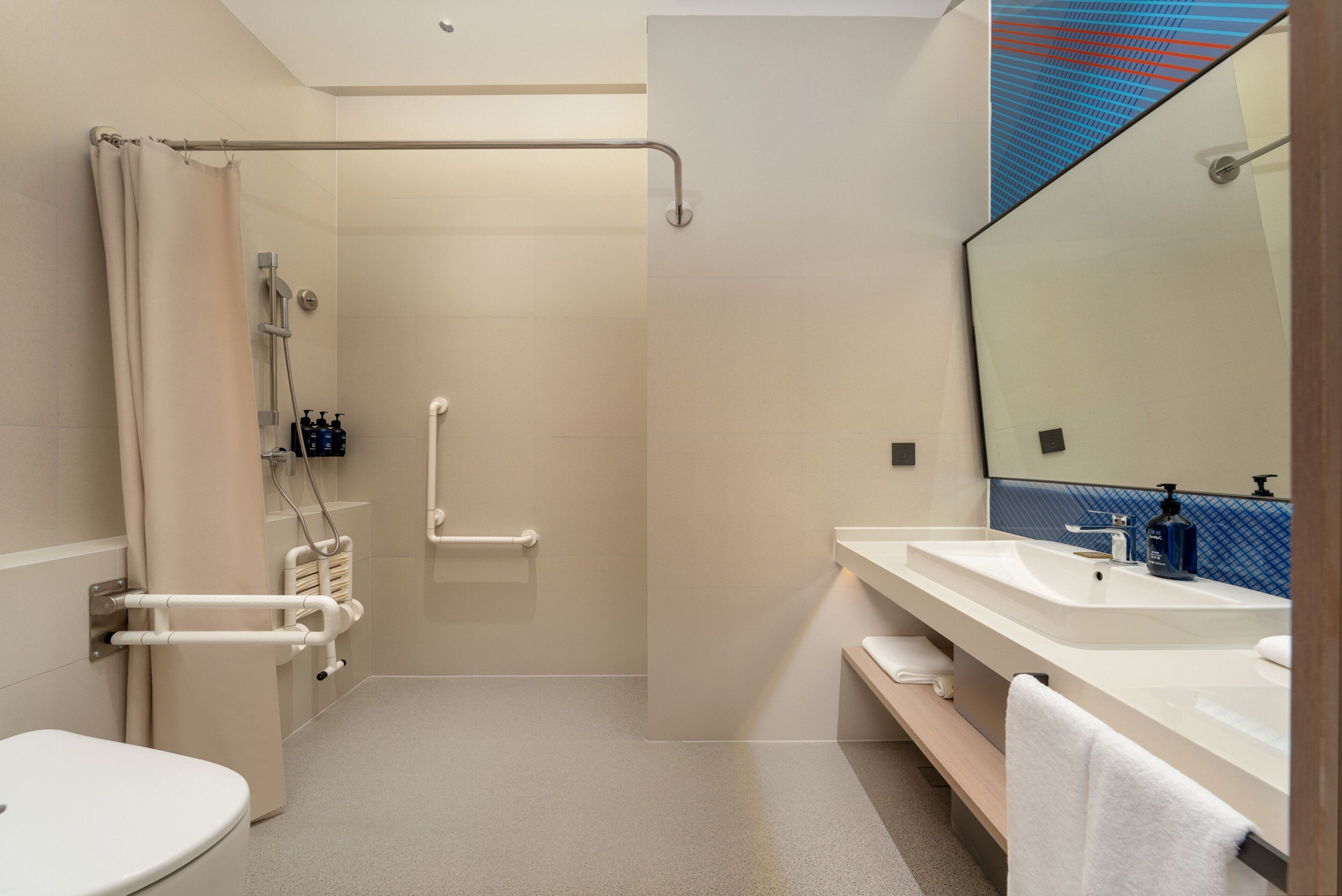 Een moderne badkamer met douche, toilet en wastafel, voorzien van handgrepen en een handdoekhouder.