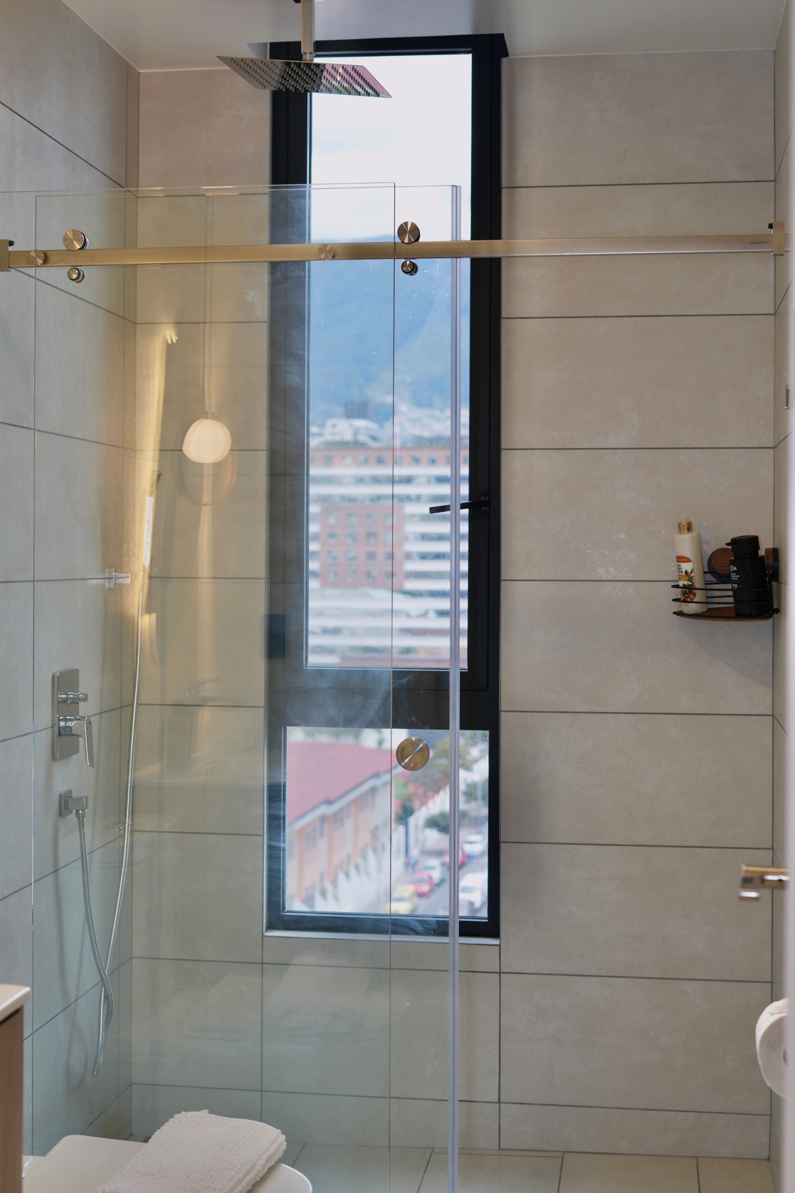 Ducha, secador de pelo, toallas, jabón