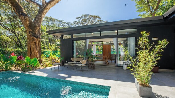 Una casa moderna con piscina, area relax esterna e vegetazione lussureggiante.