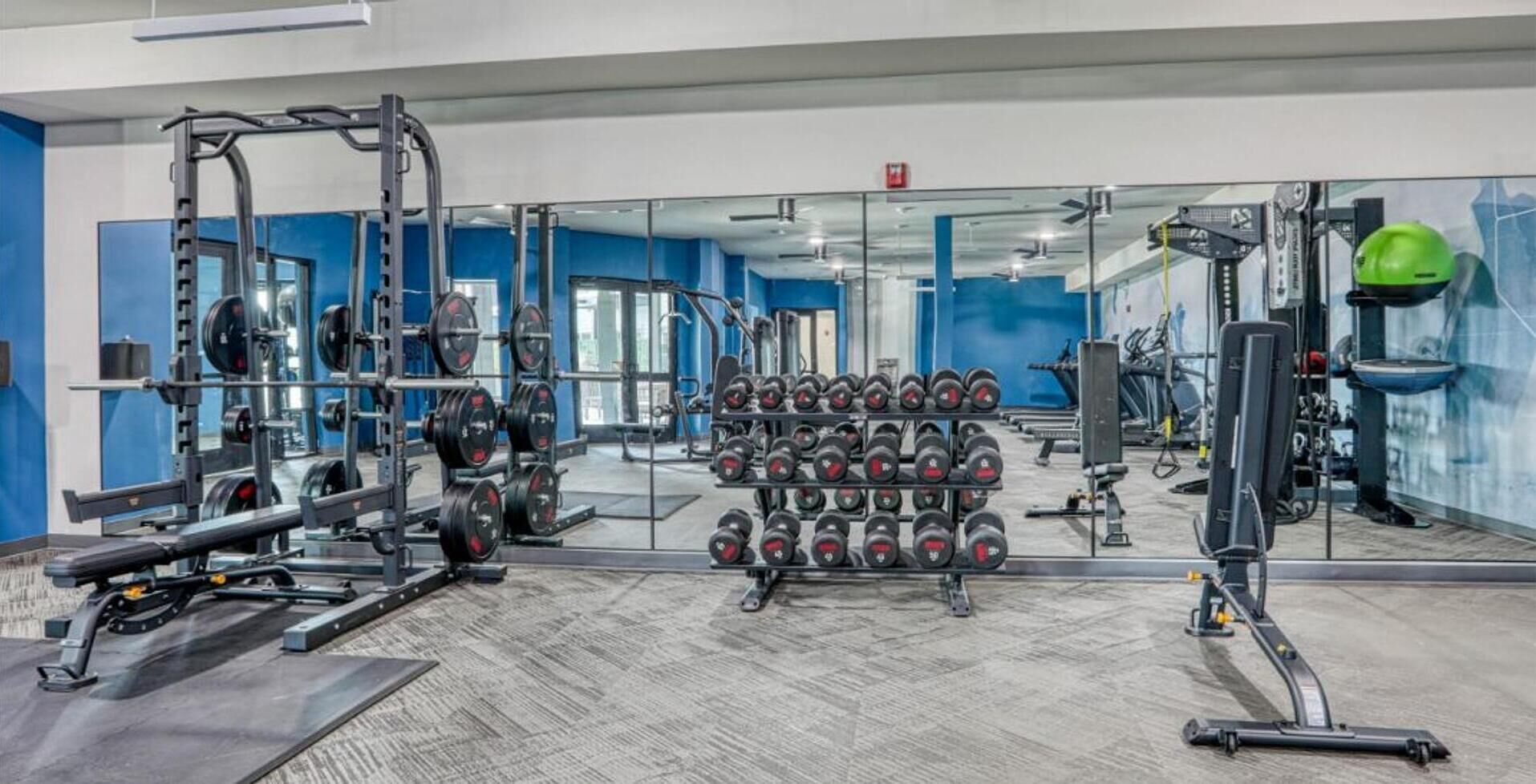 Ein Fitnessstudio mit Krafttrainingsgeräten, einer Spiegelwand und einer blau-weißen Farbgestaltung.