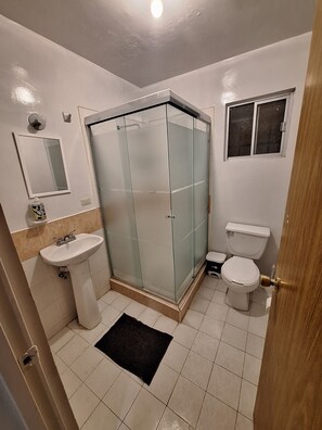 Hair dryer, towels, soap, toilet paper