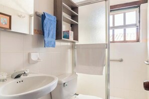 Shower, towels, soap, toilet paper