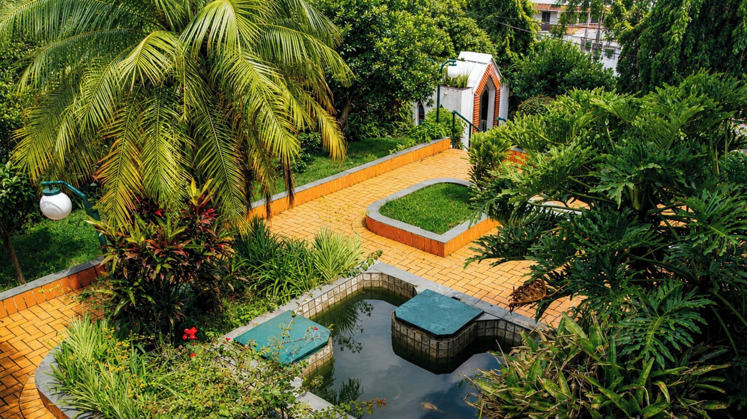 A landscaped garden with a small pond, palm trees, and a brick pathway.