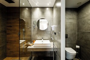 Comfort Double or Twin Room, Balcony, City View | Bathroom | Shower, hair dryer, slippers, towels - Aether Athens (Athens)