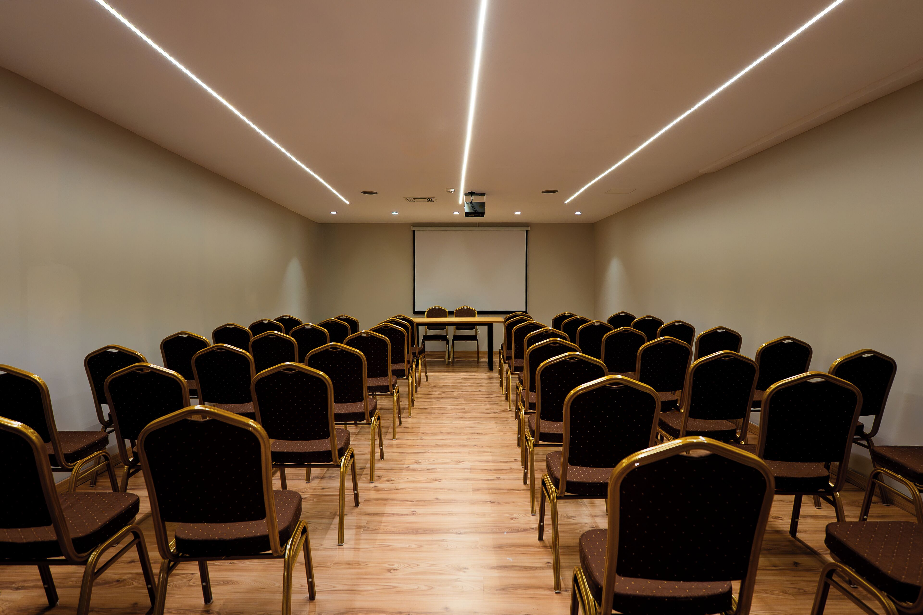 Sala de conferências com fileiras de cadeiras voltadas para uma tela de projeção, piso de madeira e iluminação embutida.