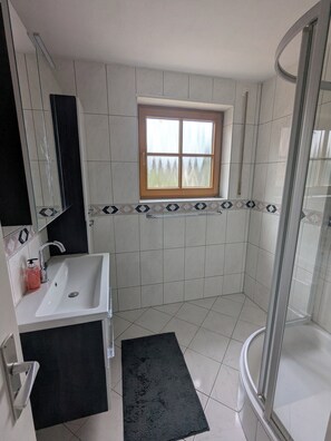 Dusche, Haartrockner, Handtücher, Seife