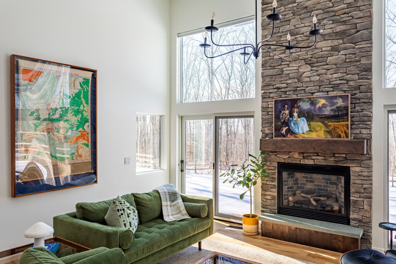 TV, fireplace, books