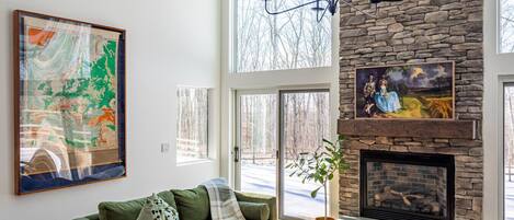 Smart TV, fireplace, books