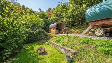 Een landelijke houten woning met een groene wateropslag, omgeven door weelderige begroeiing.