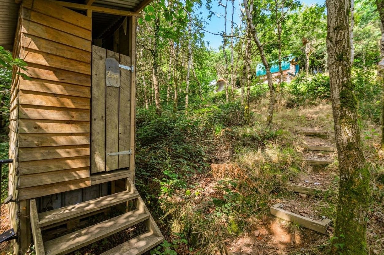Una cabaña de madera con puerta y un pequeño porche, rodeada de un bosque frondoso y un sendero visible.