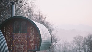 A covered wagon with ornate designs and a chimney, parked in a foggy, wooded area. - Goldfinch (Launceston)