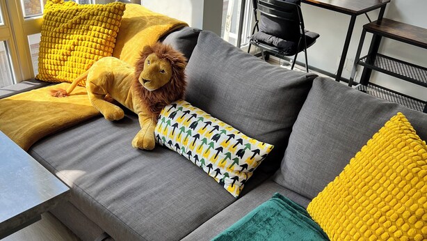 Ein modernes Wohnzimmer mit einem grauen Sofa, einer grünen Decke und einem gelben Löwenkuscheltier.