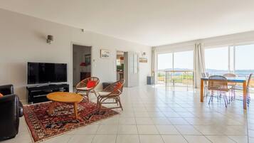 Televisie, een dvd-speler, een tafeltennistafel en boeken