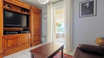 Televisie, een dvd-speler, een tafeltennistafel en boeken