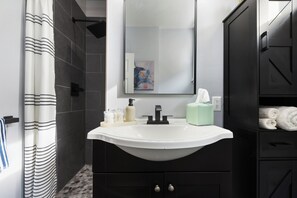 Hair dryer, towels, soap, toilet paper