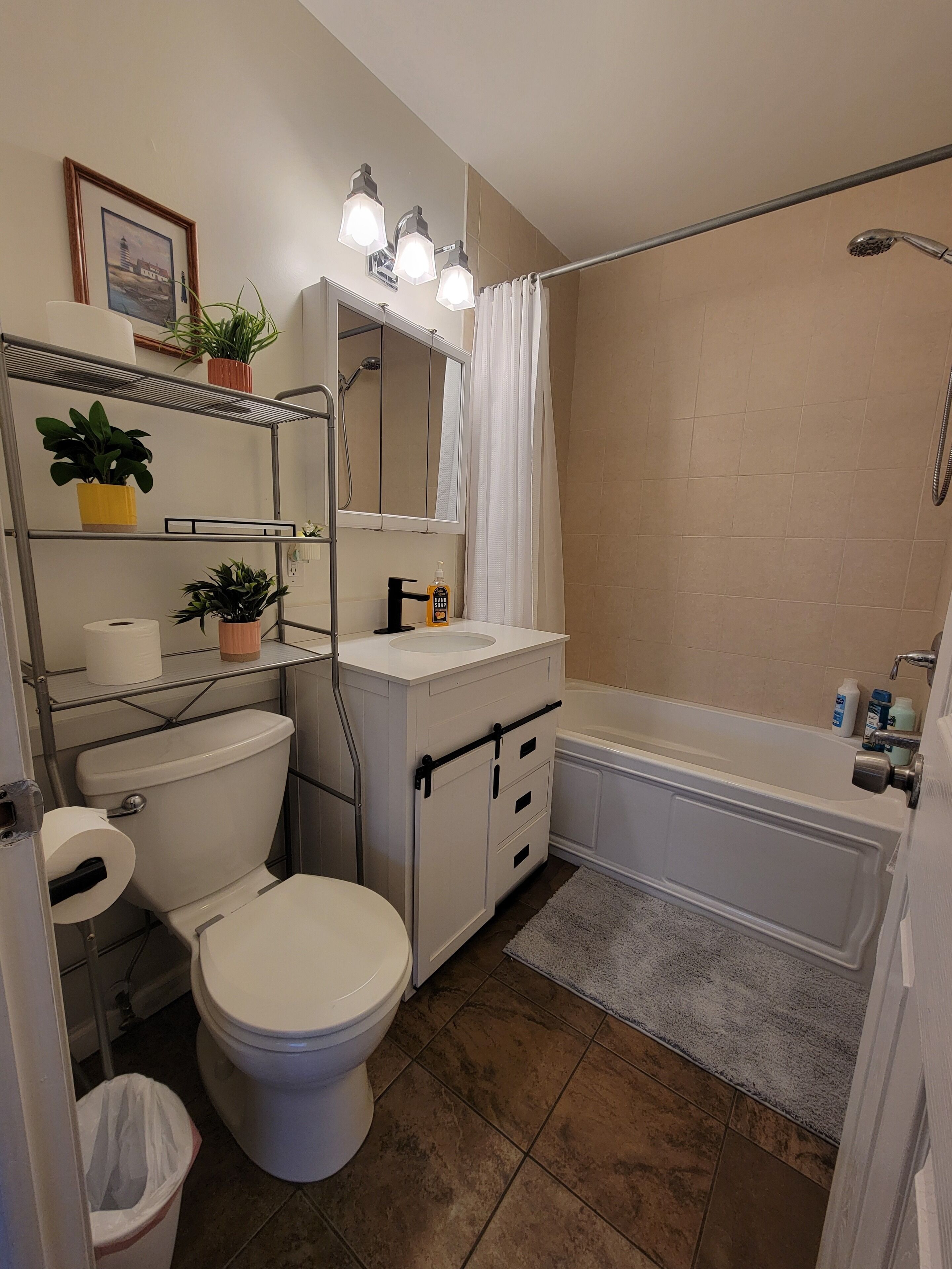 Hair dryer, towels, soap, shampoo