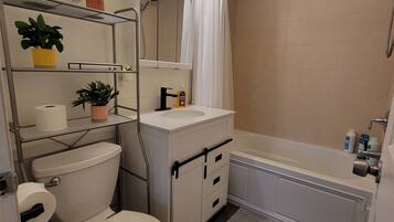 Hair dryer, towels, soap, shampoo