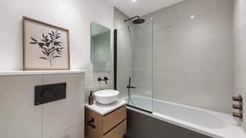 Shower, hair dryer, shampoo
