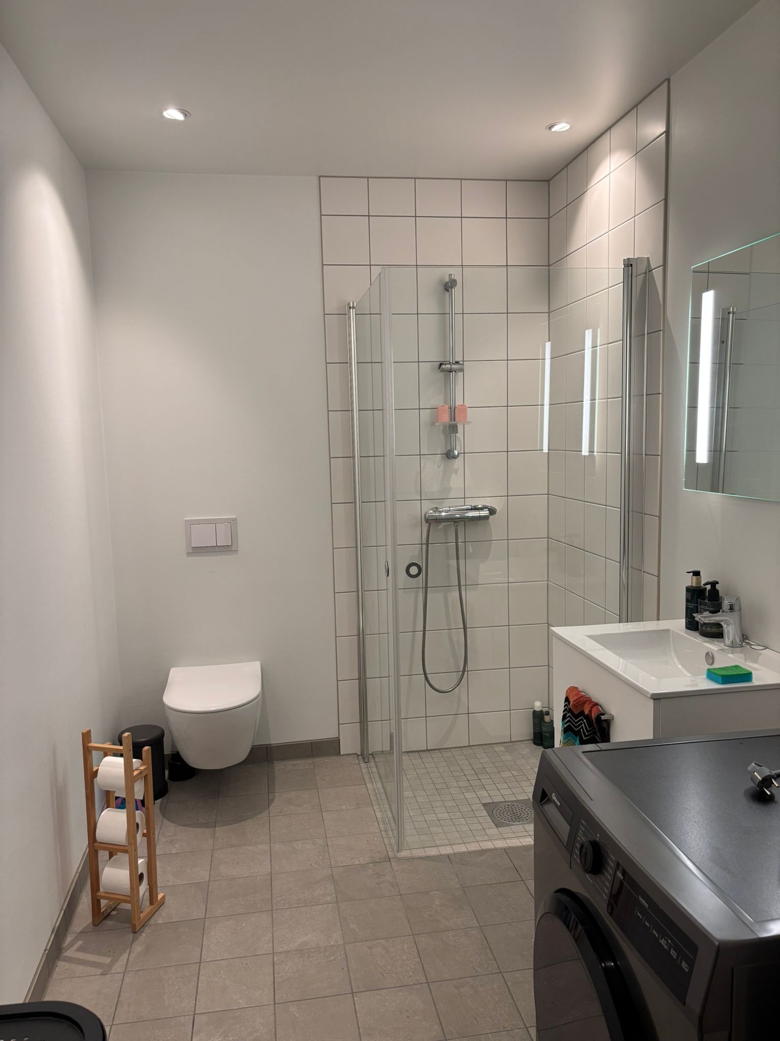 Dusj, miljøvennlige toalettsaker, hårføner og håndklær