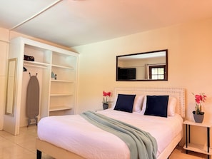 A neatly arranged bedroom with a bed, a wardrobe, a mirror, and a potted plant. - Near Rodney Bay! Breezy, Beachy and Spacious 1-Bedroom Unit. (Castries)