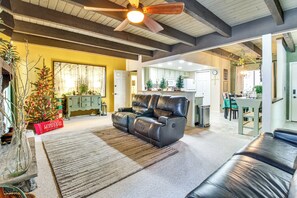 TV, fireplace, books