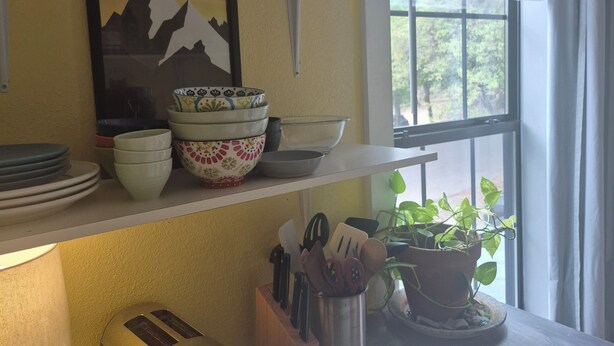 A kitchen with a toaster, a potted plant, and a window with blinds. - Treelined street, hidden gem in a bamboo forest.  Walk to coffee shops/eateries! (San Marcos)