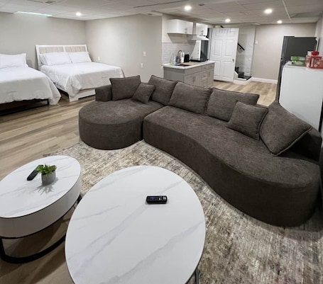 TV, fireplace. Cozy Open-Concept Suite