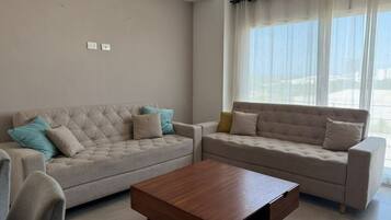 A living room with two sofas and a wooden coffee table.