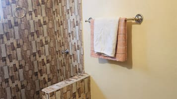 Douche, serviettes fournies, savon, papier toilette