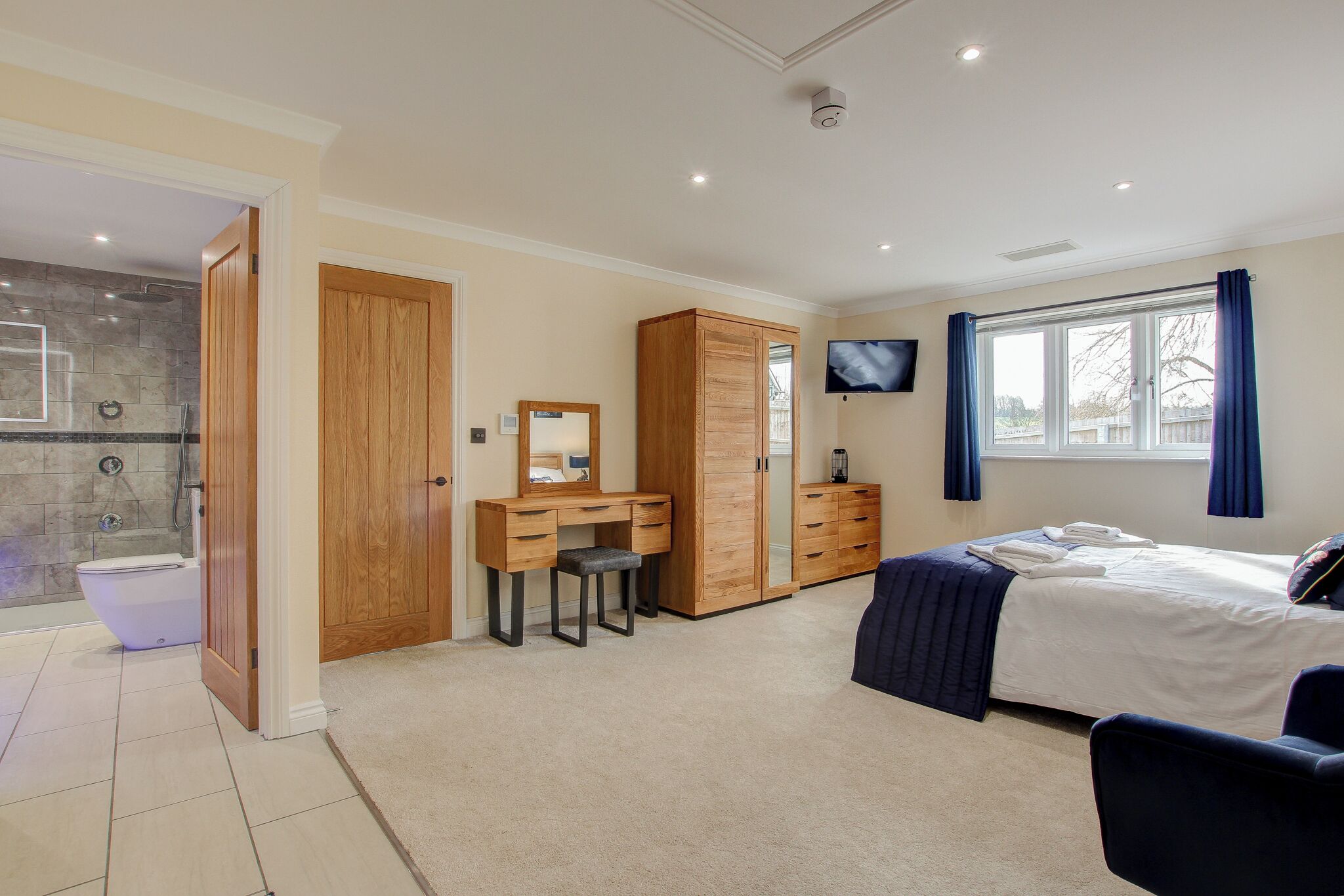 Une chambre avec un lit, un bureau, une armoire, une douche et un téléviseur.