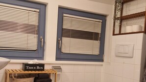 A bathroom with two windows, a toilet, a sink, and a tissue box on a shelf. - Cozy 1-room apartment in the Hildesheim forest (Diekholzen)