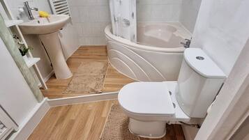 Hair dryer, towels, soap, shampoo